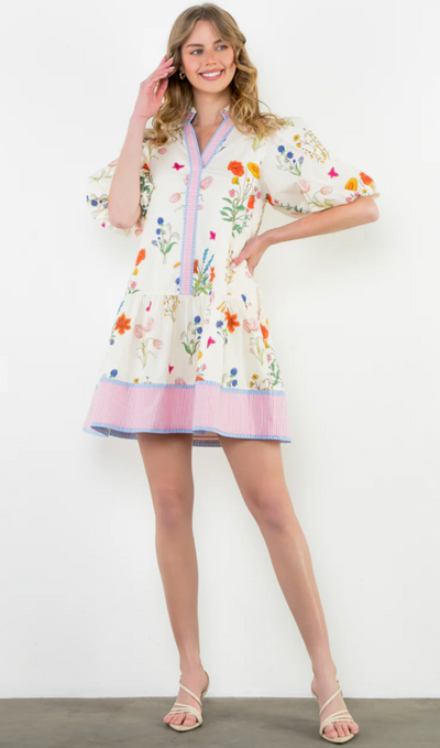 Puff Sleeve Floral Dress with Striped Detail