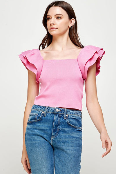 Double Ruffle Knit Sweater- Bubblegum