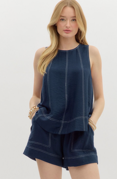 Navy Stitch Detail Short Set
