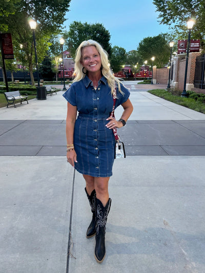 Washed Denim Mini Dress With Pleated Waist