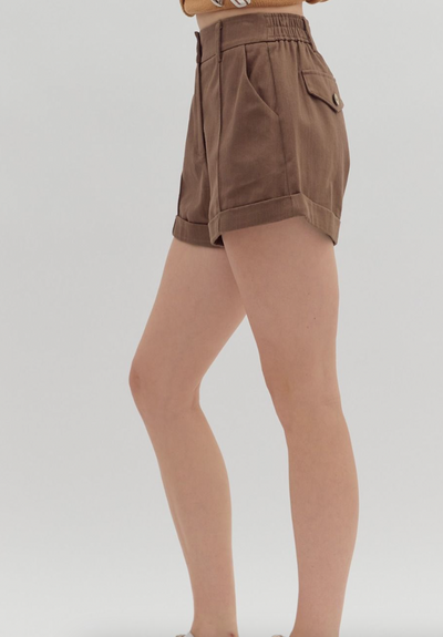 Brown High Waisted Pin Tuck Shorts