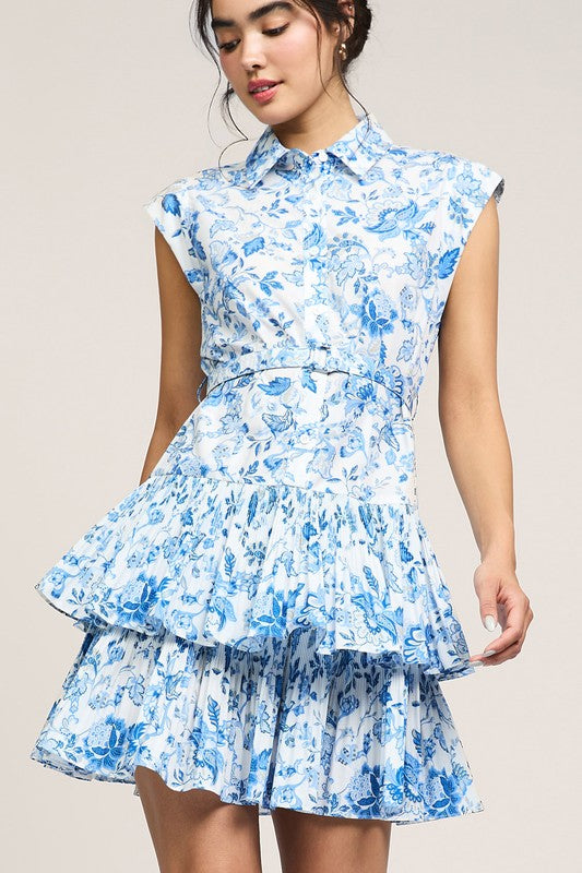 Blue Floral Printed Button Down Mini Dress