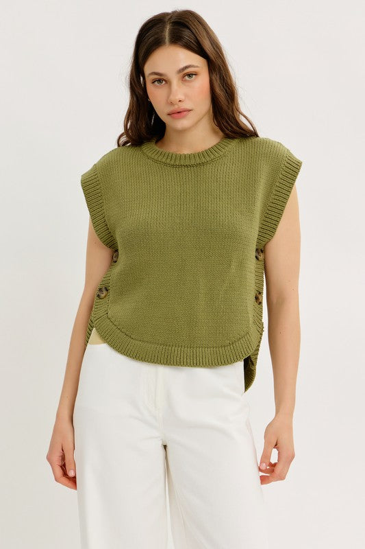 Round Neck Hi-lo Sweater Vest- Olive