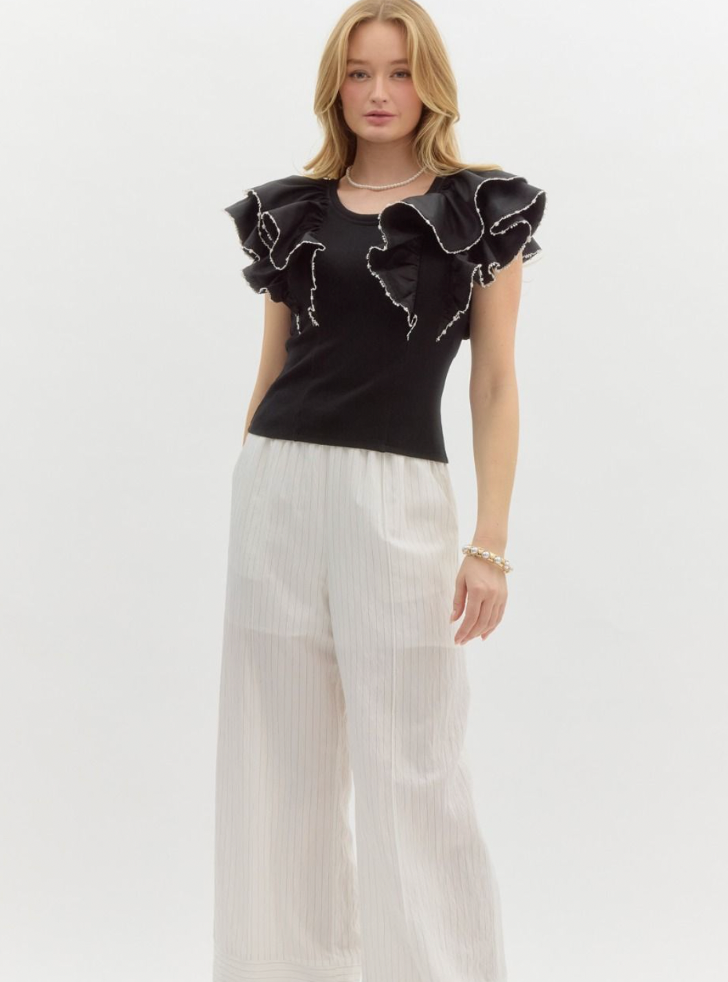 Black Ribbed Ruffle Sleeve Crop Top