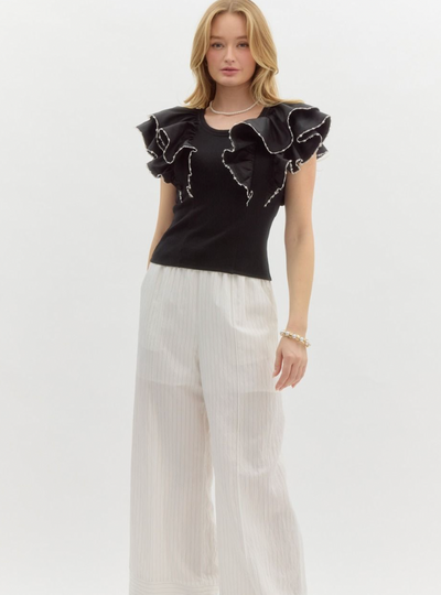 Black Ribbed Ruffle Sleeve Crop Top