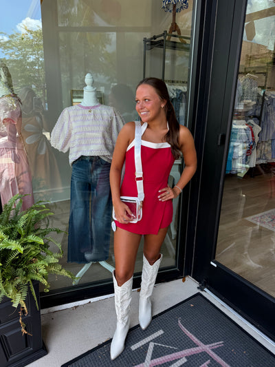 Contrasting Halter Neck Wrap Romper- Crimson