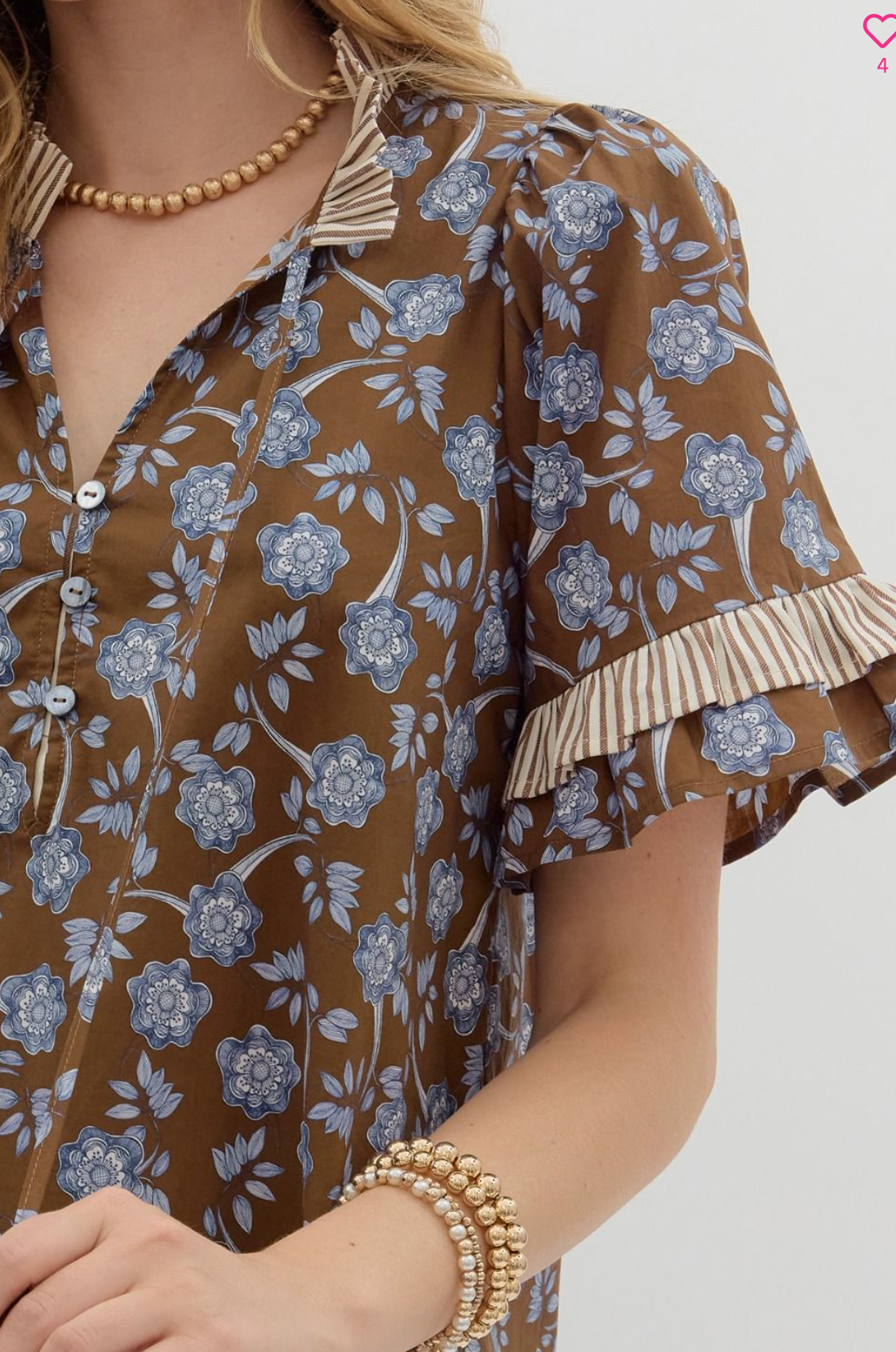 Brown Floral Print Contrast Ruffle Top