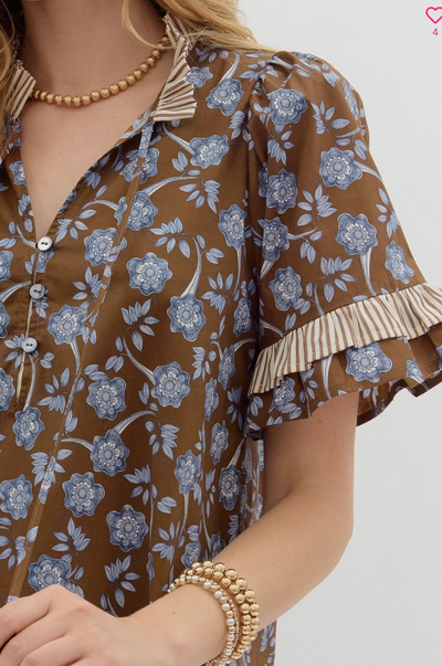 Brown Floral Print Contrast Ruffle Top