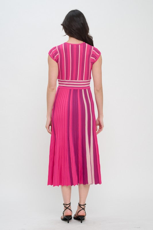 Burgundy and Pink Multi Stripe Knit Midi Dress