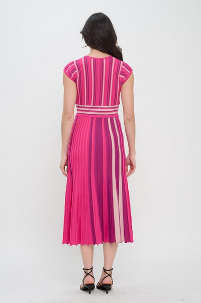 Burgundy and Pink Multi Stripe Knit Midi Dress
