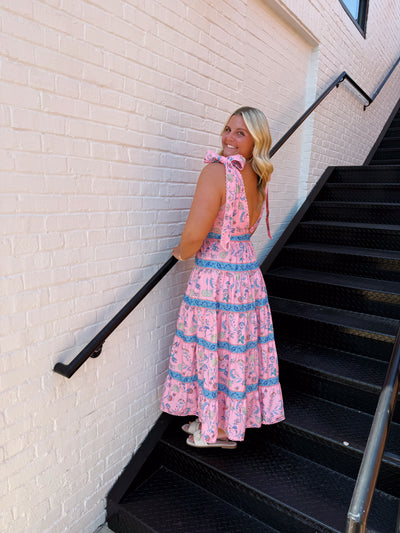 Pink Floral Print Shoulder Tie Midi Dress
