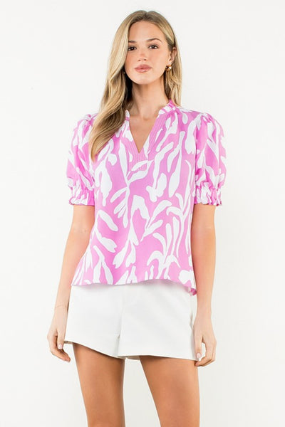 Pink Puff Sleeve Abstract Print Top