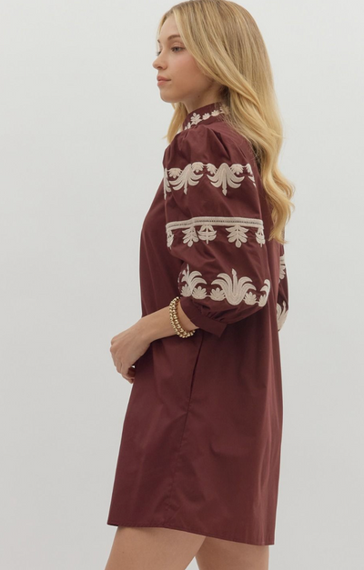 Burgundy Embroidered Puff Sleeve Mini Dress