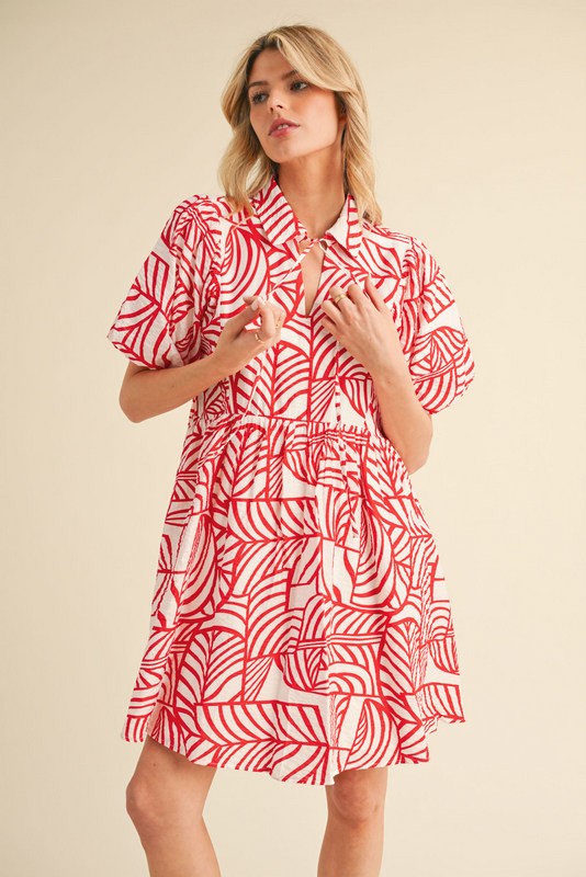 Bold Red Print Collard Dress
