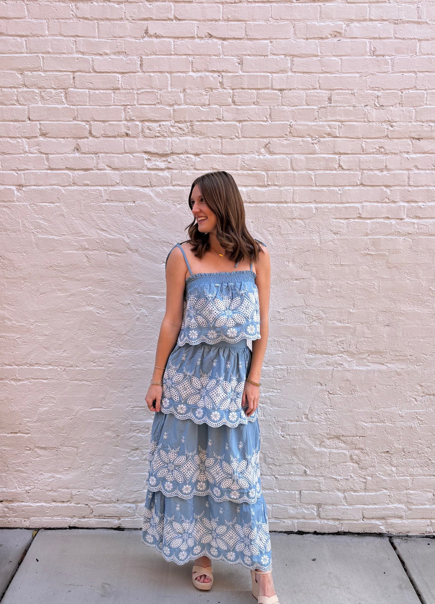 Ellison Embroidered Maxi Skirt Set- Chambray