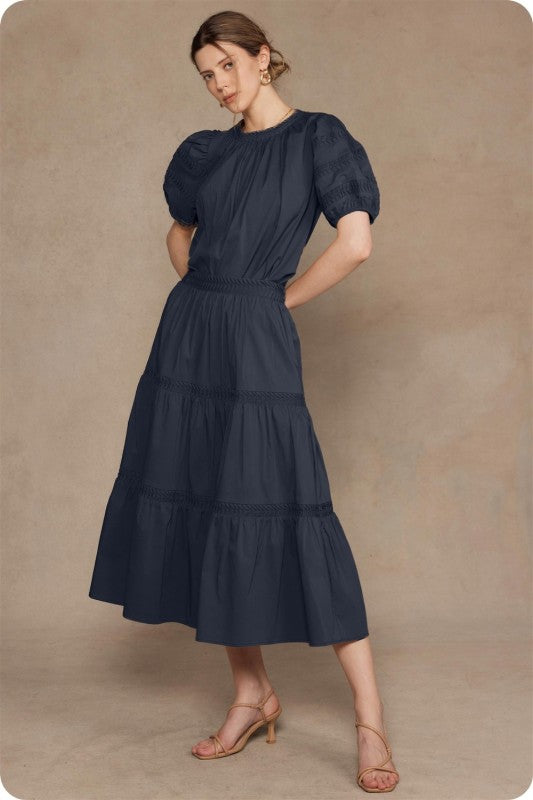 Navy Pin Tuck Detail Midi Skirt Set