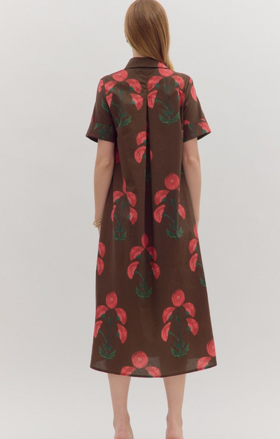 Brown Floral Button Down Midi Dress