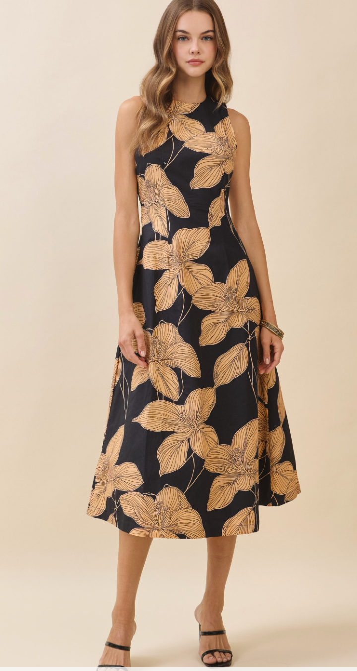 Bold Floral Print High Crew Neck Midi Dress