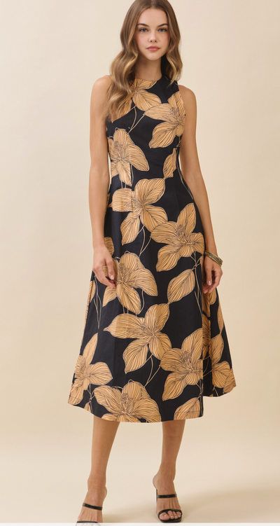 Bold Floral Print High Crew Neck Midi Dress