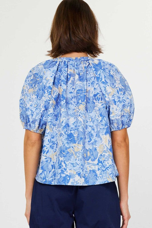 Bright Blue Floral Puff Sleeve Top