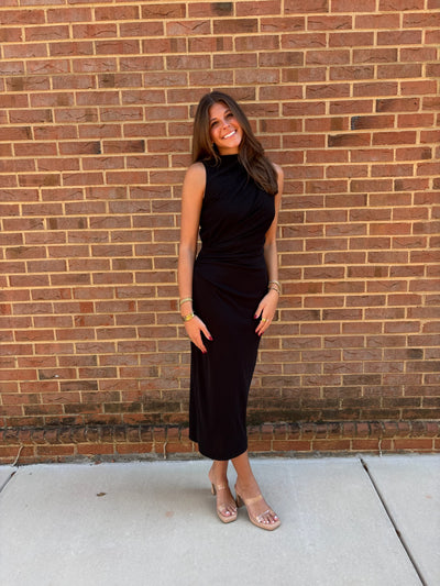 Black High Neck Draped Midi Dress