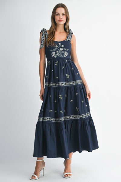 Navy Embroidered Tiered Maxi Dress