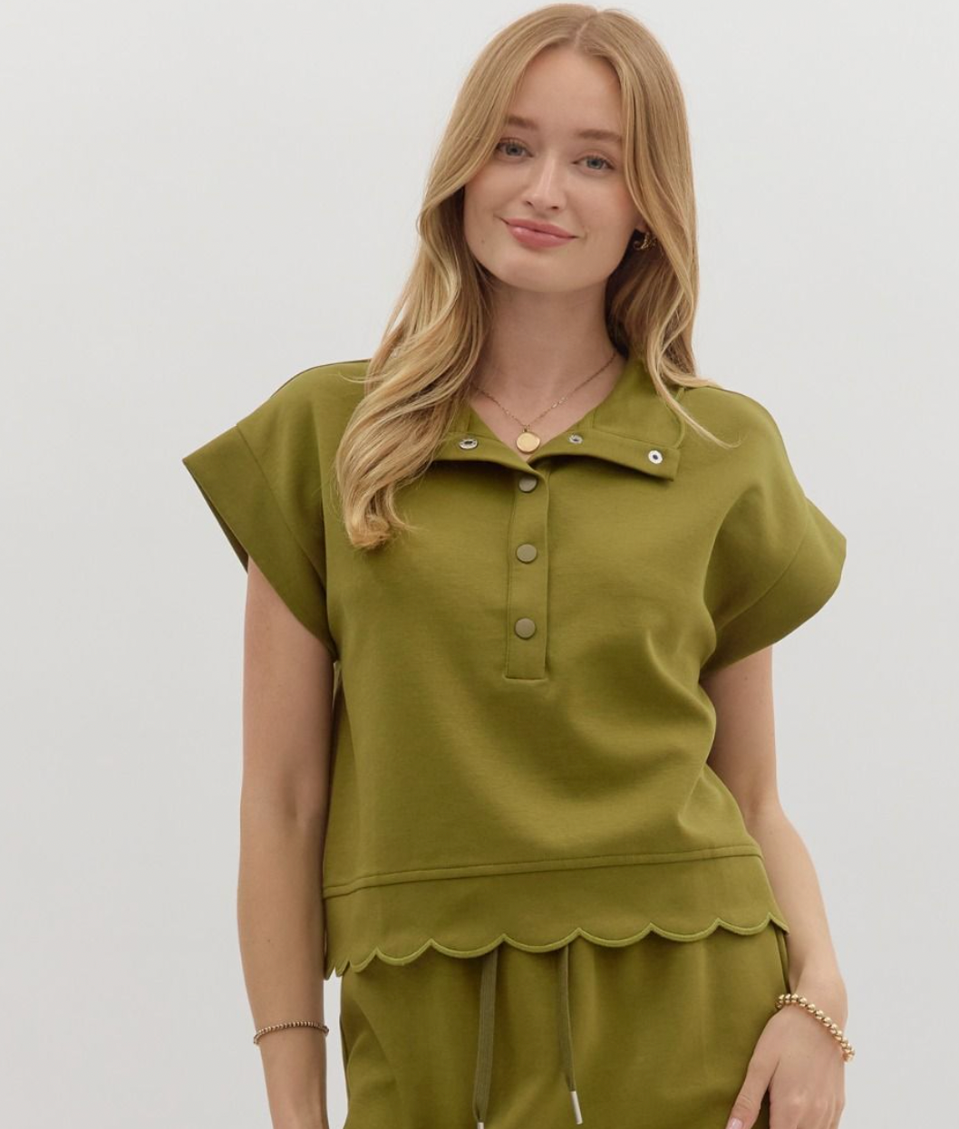 Olive Green Scallop Hem Jersey Top