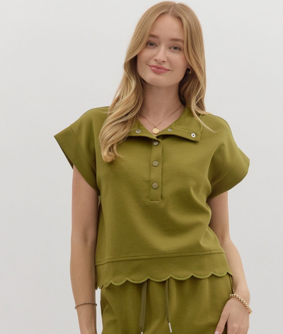 Olive Green Scallop Hem Jersey Top