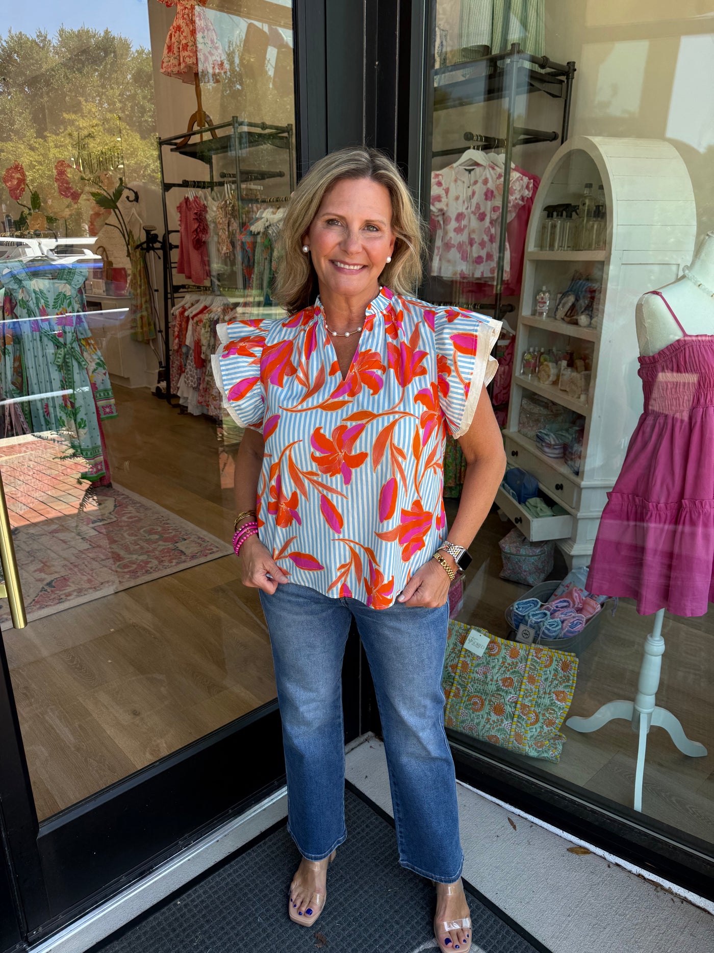 Bright Floral Striped Flutter Sleeve Top
