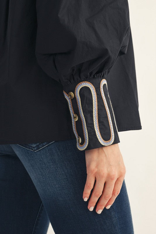 Black Embroidery Accent Button Down Shirt
