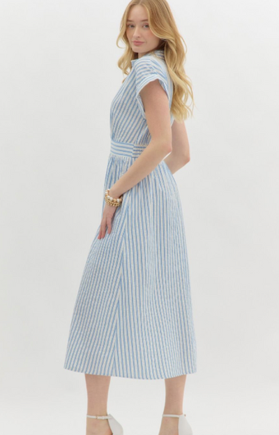 Blue Striped Faux Button Down Midi Dress