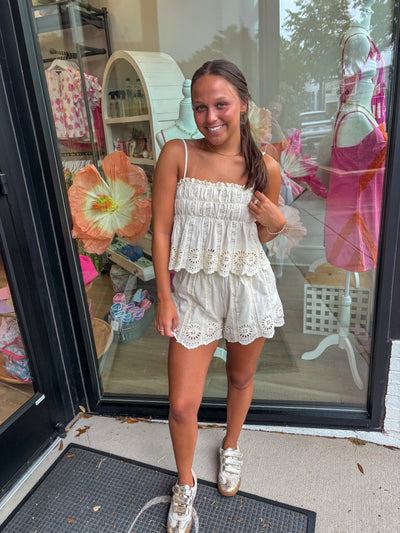Cream Eyelet Elastic Waist Shorts