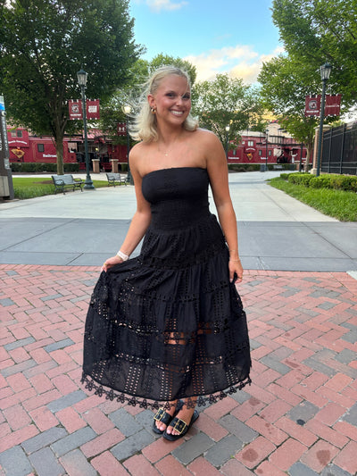 Eyelet Embroidered Lace Tube Dress- Black