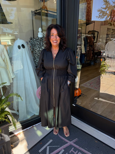 Black Smocked Waist Zip Up Midi Dress