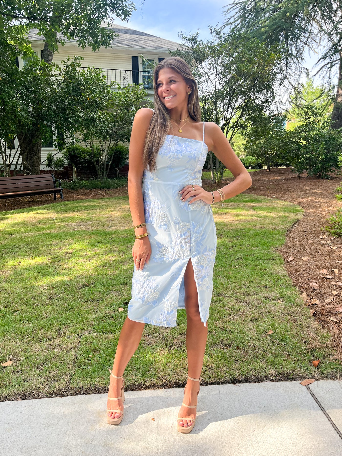 Baby Blue and Metallic Silver Midi Dress