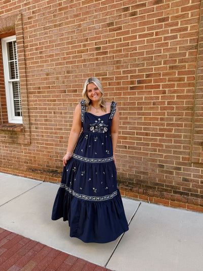 Navy Embroidered Tiered Maxi Dress