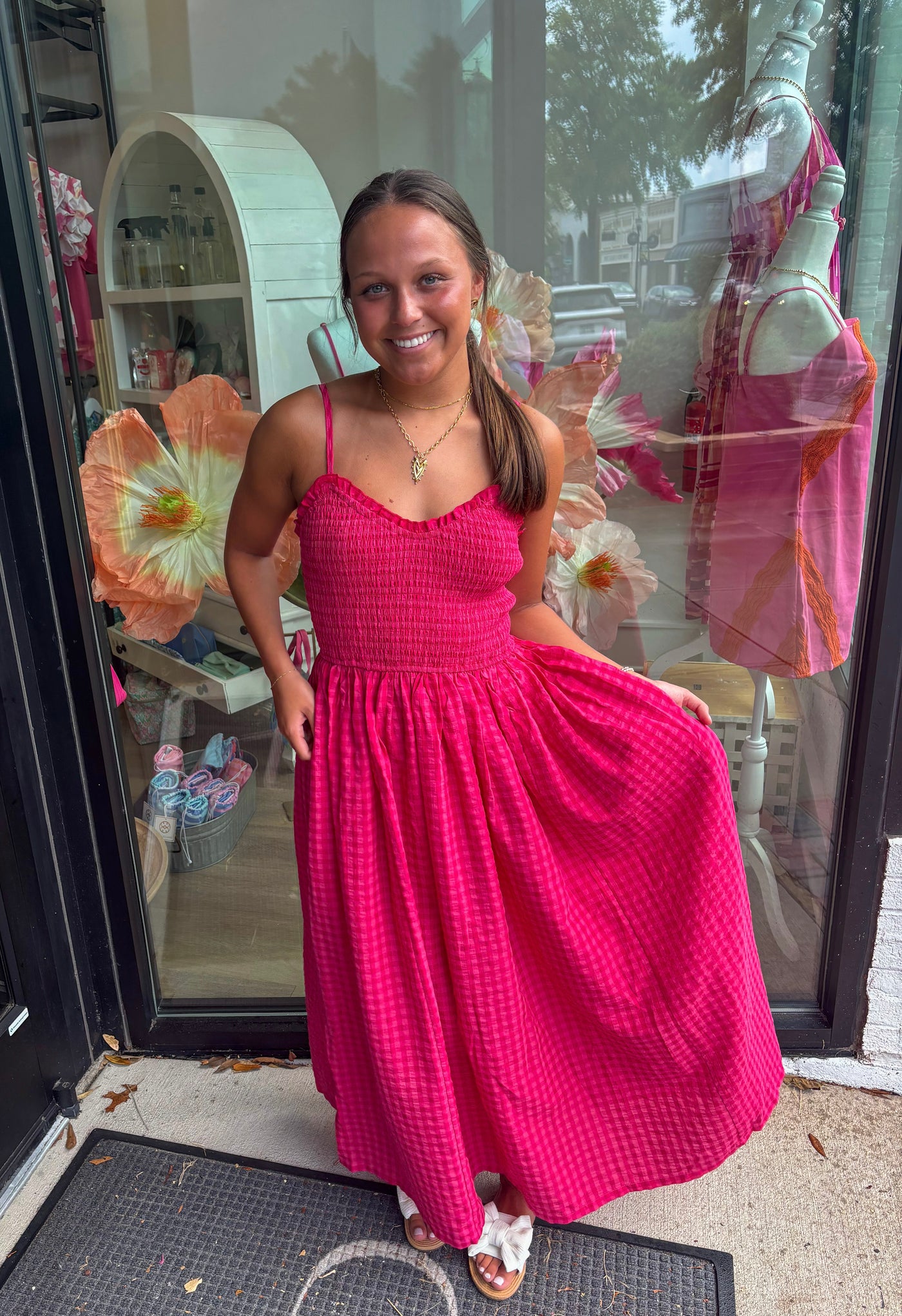 Cherry Pink Gingham Print Maxi Dress