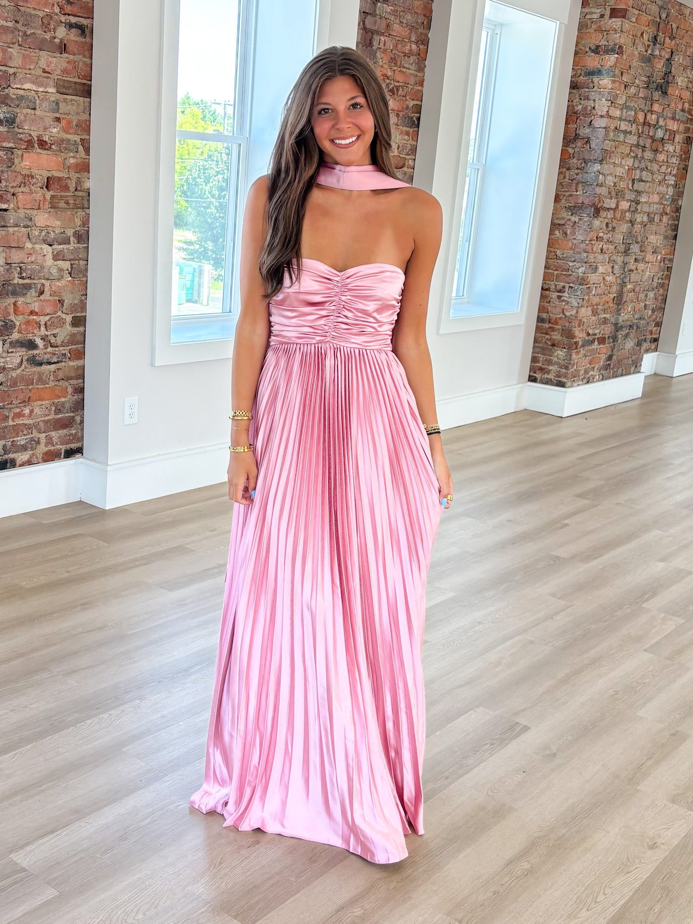 Mauve Scarf Detail Pleated Satin Maxi Dress