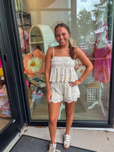 Cream Eyelet Elastic Waist Shorts