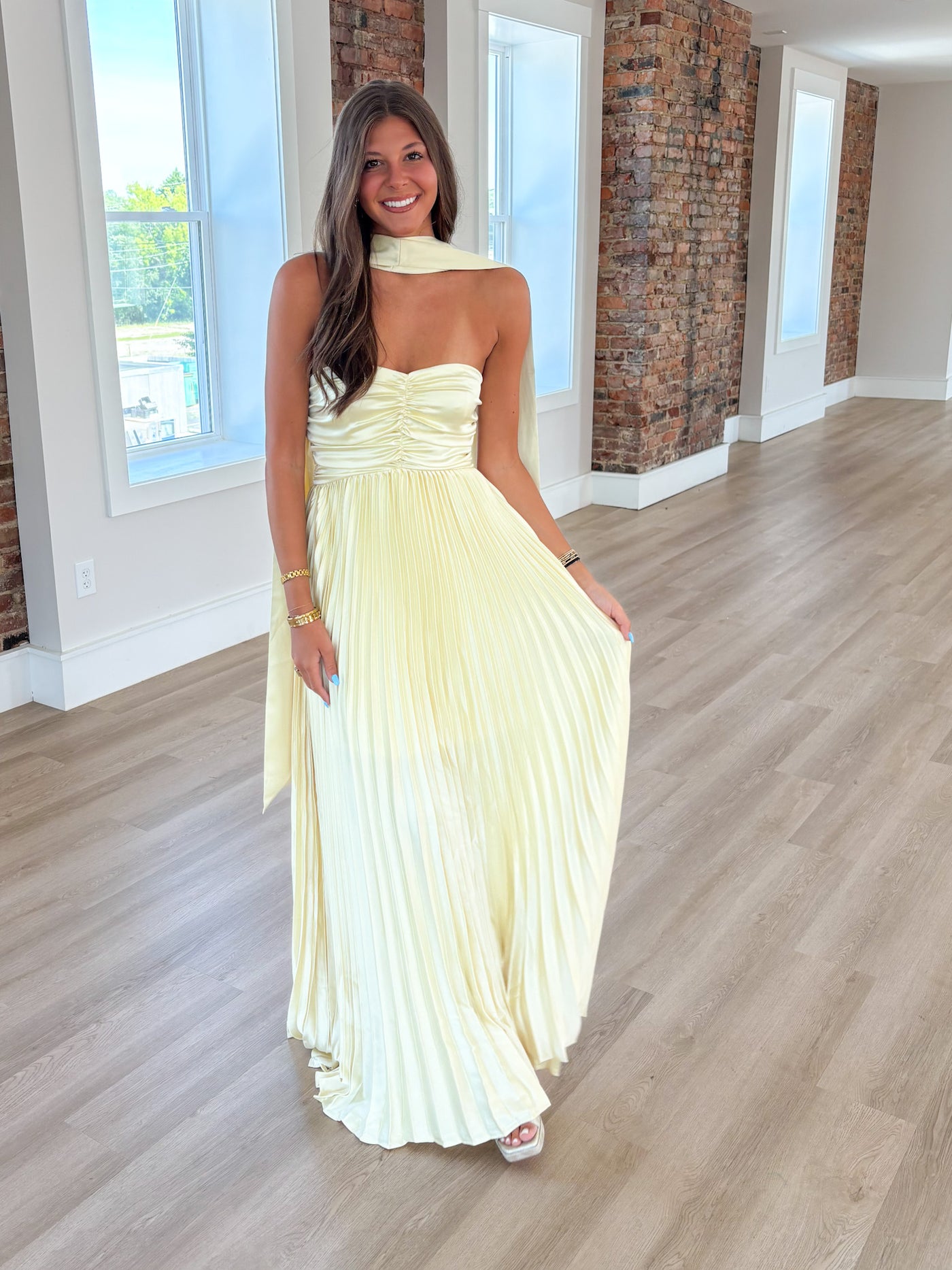 Butter Yellow Scarf Detail Pleated Satin Maxi Dress