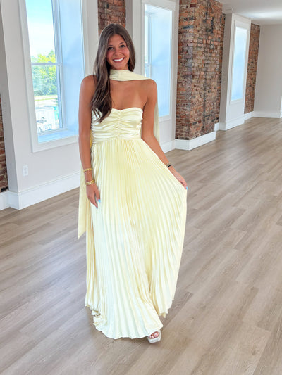 Butter Yellow Scarf Detail Pleated Satin Maxi Dress