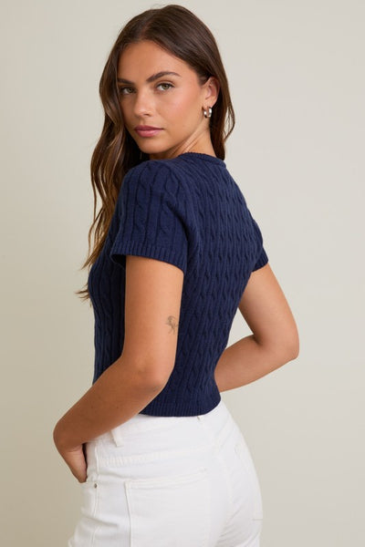 Short Sleeve Cable Sweater Top- Navy