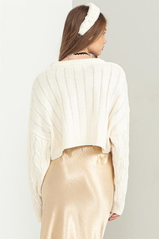 Cropped Cable Knit Sweater-Cream