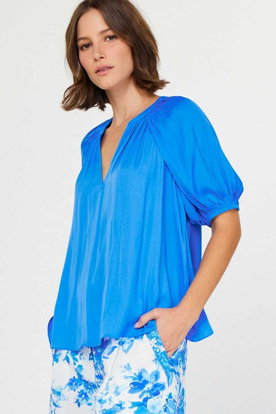 Half Sleeve V-Neck Blouse Top- Blue