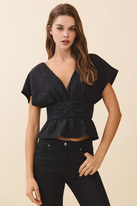 Textured Deep V Neck Ruched Waistband Top