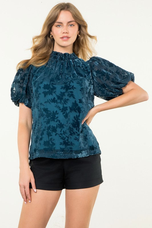 Puff Sleeve Velvet Detail Top- Teal