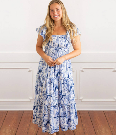 Blue Leopard Palms Smocked Maxi Dress