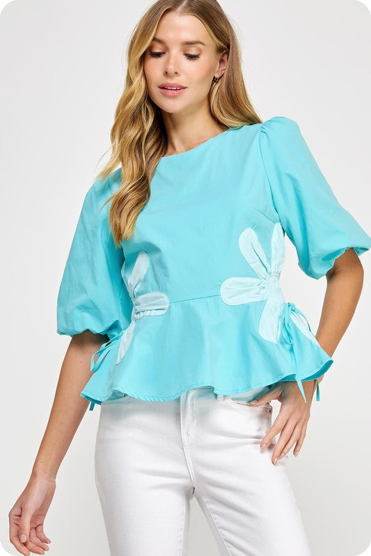 Flower Color-Block Poplin Top- Aqua Blue