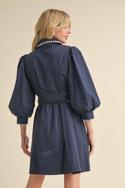 Navy Embroidery Belted Dress
