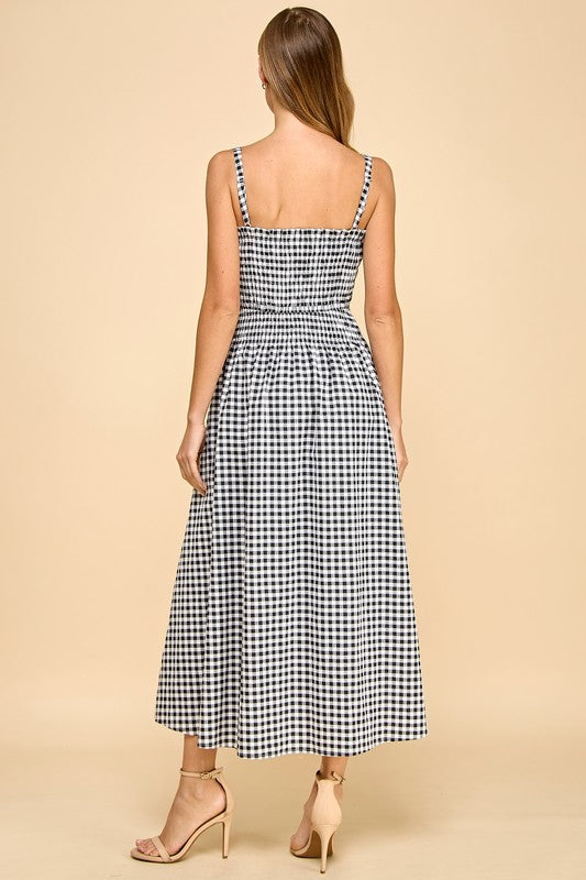 Gingham Smocked Bodice Midi Dress- Black/White